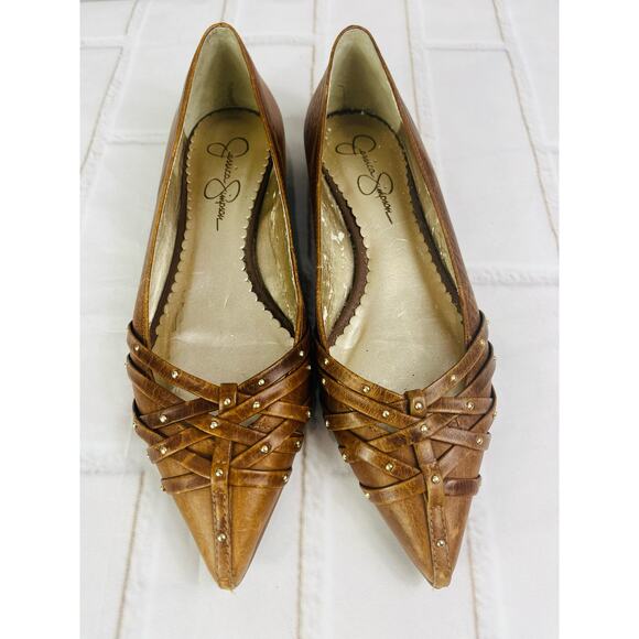 Jessica Simpson brown leather gold studs ballet flats size 6 - Picture 1 of 7